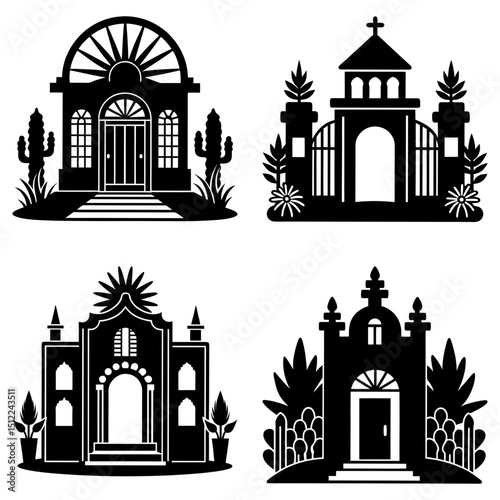 Four stylized buildings in black silhouette with architectural and botanical elements depicted clearly here