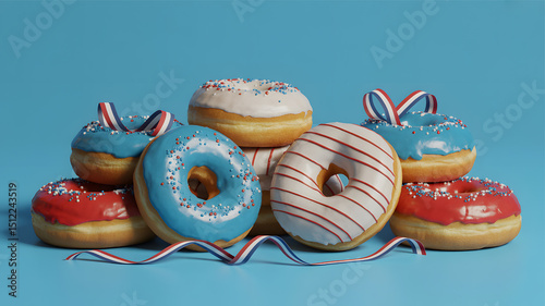 Assortment of gourmet donuts with red white and blue decorations on a vibrant blue background represents festive celebration treats
