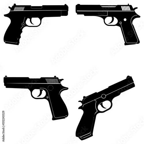 Four black pistol illustrations arranged on a white background creating a symmetrical composition design of guns