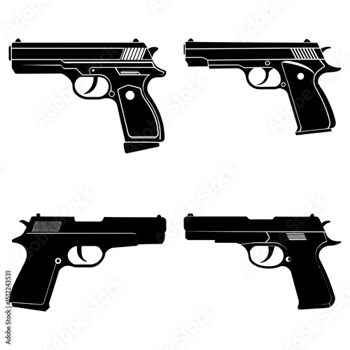 Four black silhouette pistols with varying designs arranged on a white background in a square format