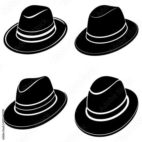 Four black fedora hats with white stripes displayed in a square pattern on a white background design element