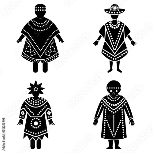 Four stylized figures in traditional clothing with geometric patterns in black and white illustration