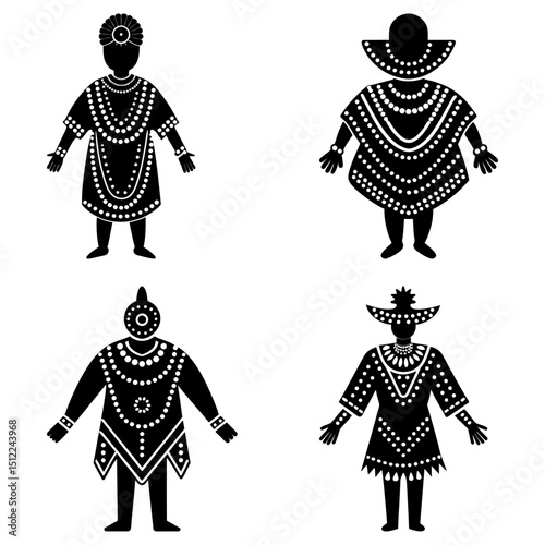 Four stylized figures in black with white dots wearing different headwear and clothing designs