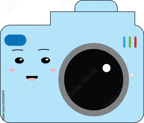 A large-lens camera with a cheerful expression in cute flat style, suitable for visual arts or hobby design content.
