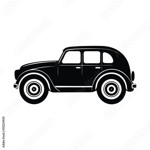 Silhouette of Antique Car with Spare Tire on Side on White Background