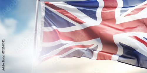 Flag of United Kingdom waving in the breeze against a sunset sky. Banner with UK flag.