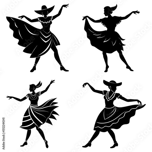 Four silhouettes of women in dresses and hats dancing in various poses on a white background space filler