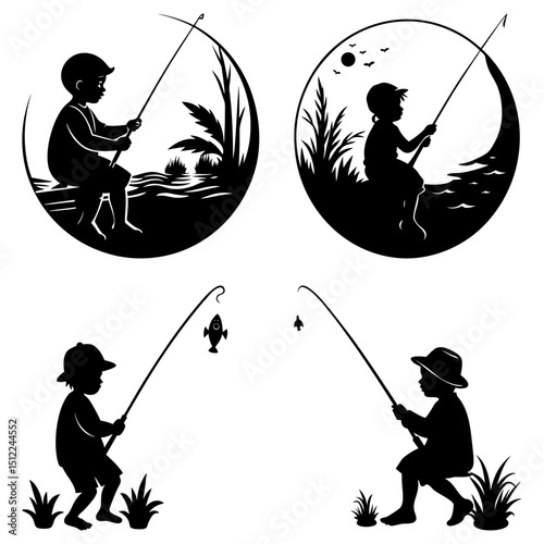 Silhouette illustrations of boys fishing in nature scenes and catching fish on their fishing rods