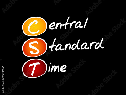 CST abbreviation stands for Central Standard Time - is a time zone used in parts of North America, acronym concept background