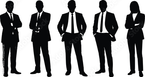 Silhouette of five business people standing in suits and ties against a white background in a row format