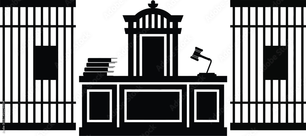 Obraz premium A courtroom scene featuring a judge's bench, gavel, books, and jail cells in a black and white design