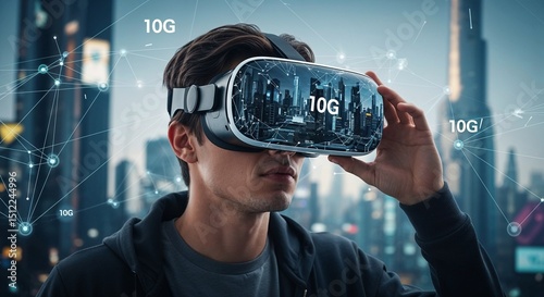 Man using virtual reality headset with digital 10G network interface in futuristic smart city
