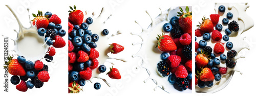 Fresh strawberries, blueberries, and raspberries splashing into creamy milk, creating dynamic and vibrant composition with sense of freshness and energy