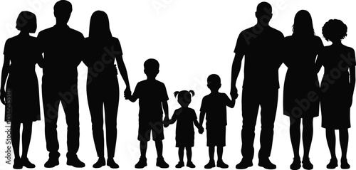 A silhouette of two families standing together holding hands on a white background in a family photo