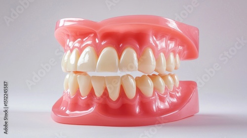 A plastic model of a human jaw with teeth, placed on a white background.
