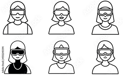 Women in winter sports goggles: a diverse illustration set.