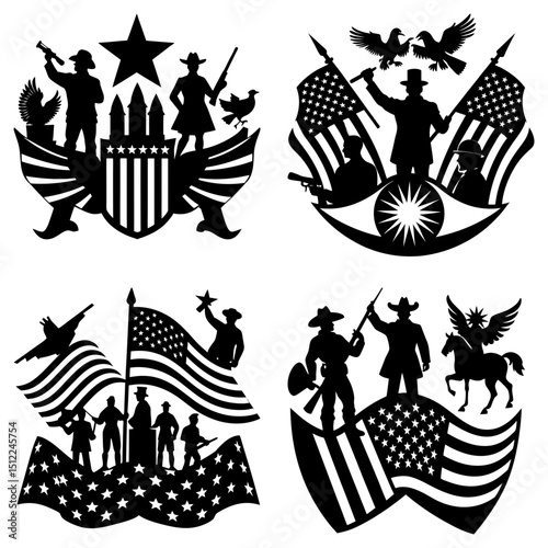 Four patriotic themed silhouette designs featuring american flags and historical figures in black and white