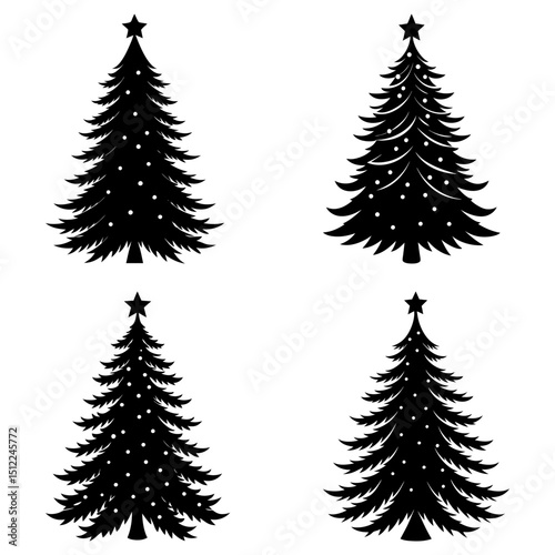 Four christmas trees with star toppers and decorative dots in black silhouette on a white background scene