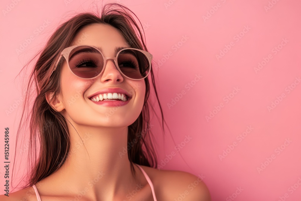 Smiling Woman in Sunglasses Against Color Background Smiling Woman in Sunglasses Against Color Background