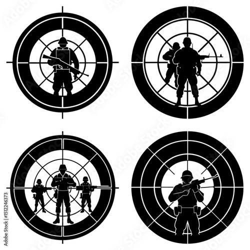 Four target icons showing soldiers with rifles in black and white vector illustration design style art