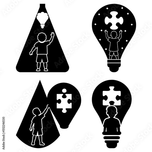Illustration showing children reaching for ideas represented by light bulbs and puzzle pieces in black and white