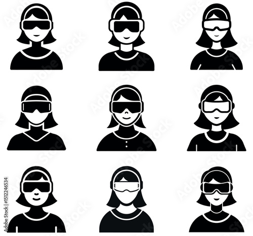 Female Avatar VR Headset Icon Set Silhouettes