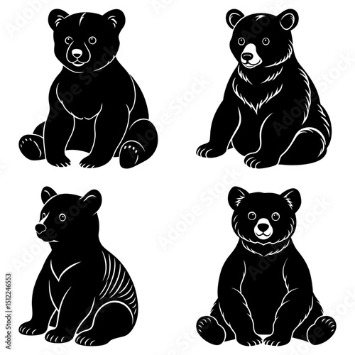 Four black bear cubs sitting in various poses with different markings and details on white background