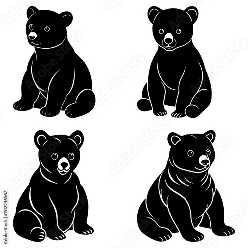 Four black bear cubs sitting in various poses facing forward on a white background in a vector image
