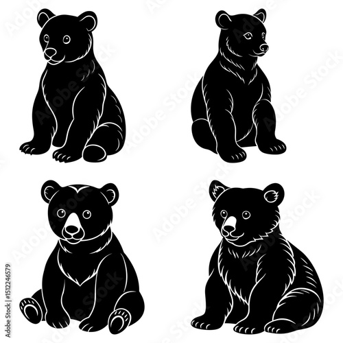 Four black bear cubs sitting in different poses with white backgrounds in a vector illustration style