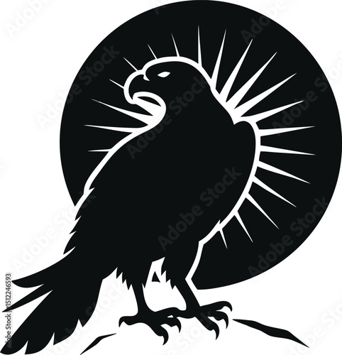 Eagle vector illustration on branch with detailed wings and feathers in wildlife style