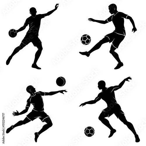 Silhouette depictions of soccer players in various poses with soccer balls on a white background design