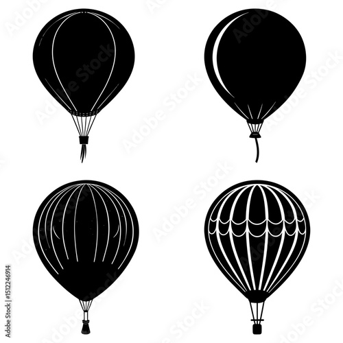 Four different hot air balloon designs in black and white showing different styles and construction details