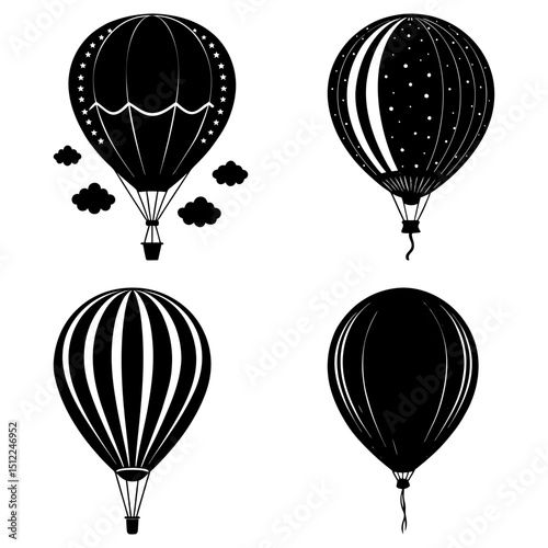 Four black and white hot air balloons with different patterns floating in the sky illustration art