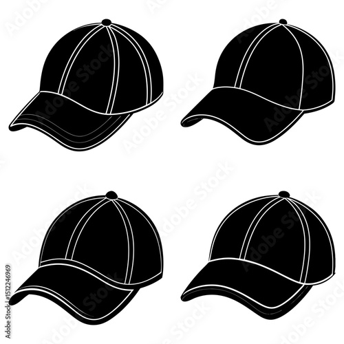 Four black baseball caps arranged in a square pattern on a white background in a vector illustration