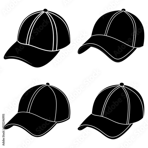 Four black baseball caps with white outlines are displayed on a white background in a square format
