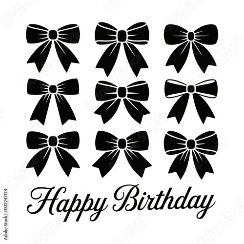  bows on Happy birthday black transparent background