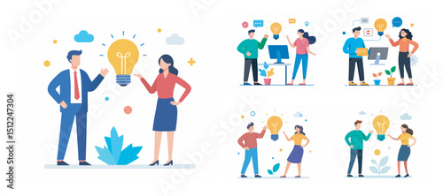 Two people sharing idea with lightbulb bundle vector illustration on white background