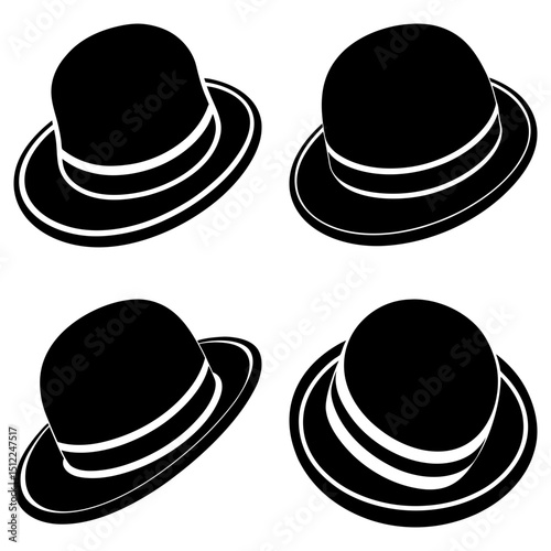 Four bowler hats arranged in a square formation with a black color and white stripes on the hats brim