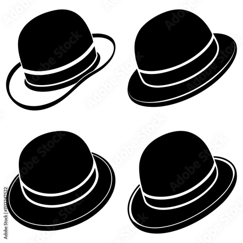 Four bowler hats in black and white arranged in a square pattern on a white background image style