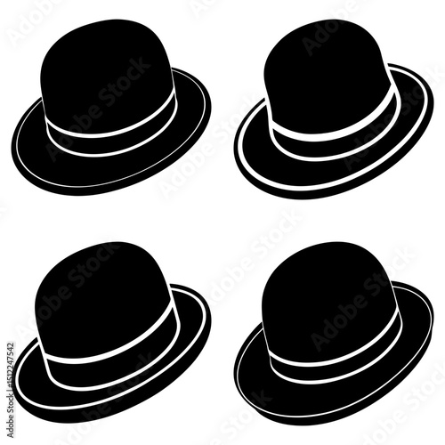Four black bowler hats with white bands arranged in a square formation on a white background image design