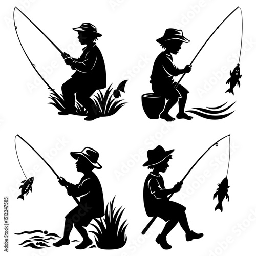 Silhouetted illustrations of boys fishing with rods and caught fish in various poses and settings