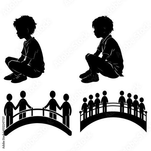 Silhouette illustration of two boys sitting and two groups of people on bridges in black and white
