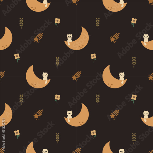 Cat on the moon cartoon so cute. On flower meteor background. Pattern seamless vector illustration. 