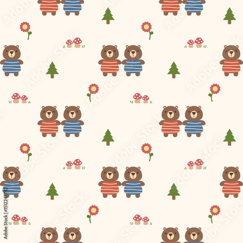 Bear couple cartoon so cute. On tree flower mushroom background. Pattern seamless vector illustration. 