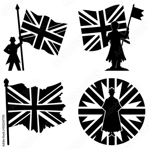 Silhouettes of people holding british flags and flag designs in various styles and shapes on white background