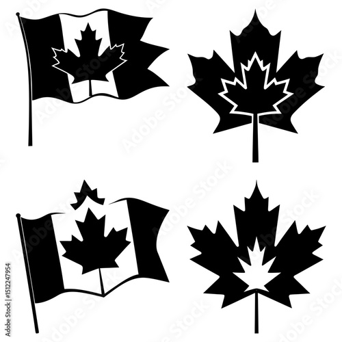 Illustration showing canadian flags and maple leaves in black and white vector format design style