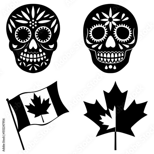 Two decorative skulls with floral patterns and canadian flags and maple leaf designs shown