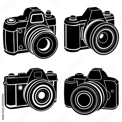 Four black and white vintage camera illustrations with different lens orientations and body styles