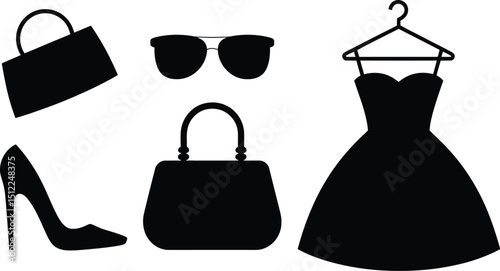 A collection of fashion items including a dress, sunglasses, handbags, and a high heeled shoe in black