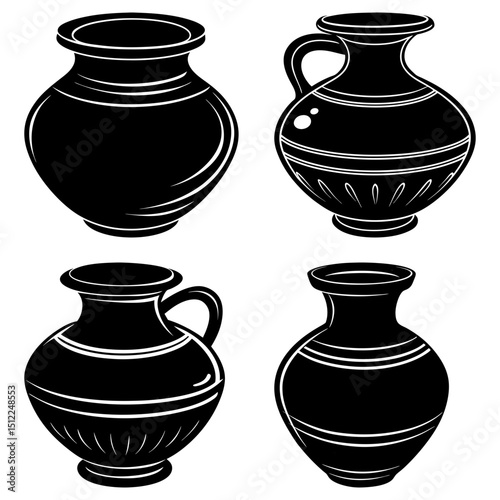 Illustration of four different shaped black vases with white stripes and handles on a white background